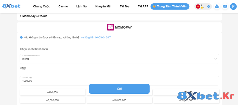Chọn số tiền muốn nạp tiền vào 8Xbet