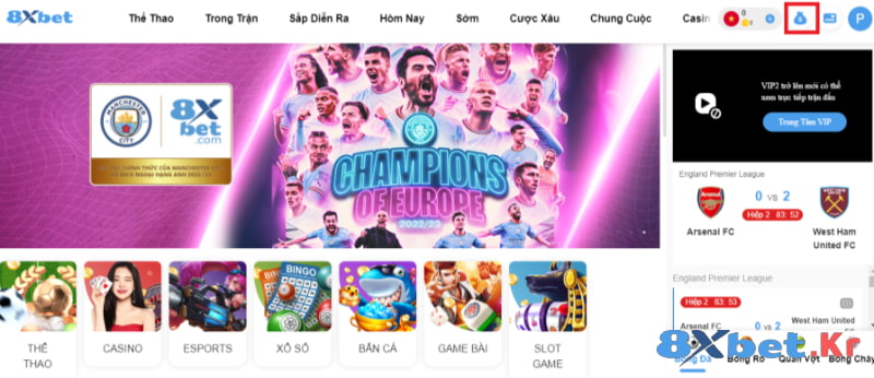 Click vào hình túi tiền để nạp tiền vào 8Xbet