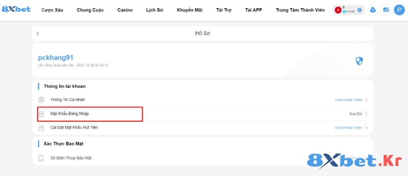 Đổi mật khẩu tài khoản 8Xbet